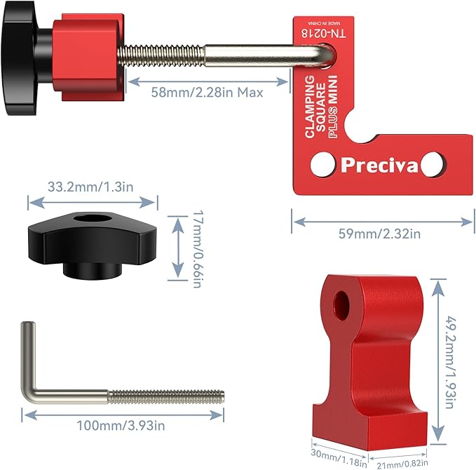 Preciva 90 Degree Mini Positioning Squares 2 Sets (2.32''x 2.32''), Aluminum Alloy Right Angle Clamps Fixing Clamp, Carpenter Corner Clamping Square Tool for Picture Frame Box Cabinets Drawers (Red)