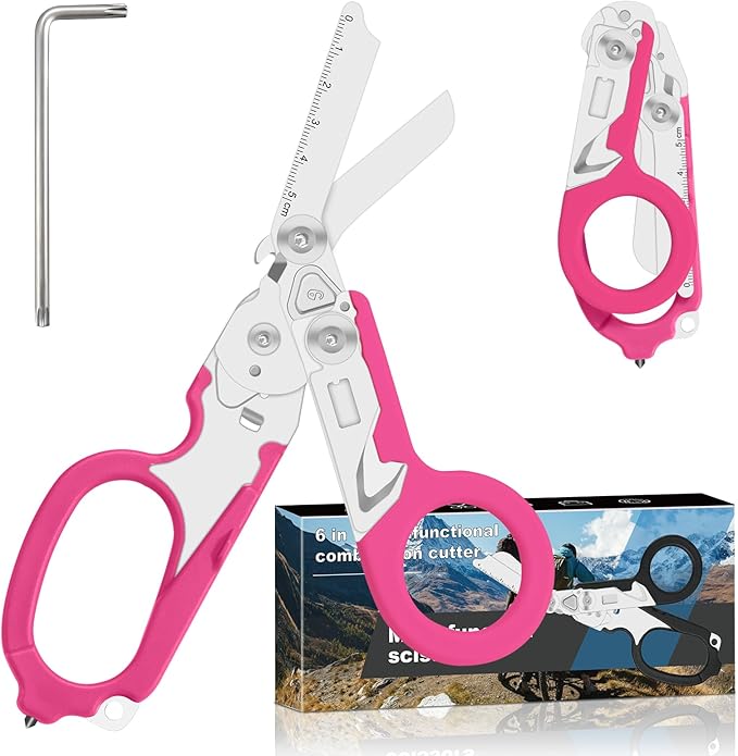 6 in 1 Multifunctional Combination Tool, Folding Retractable Emergency Shears, Outdoor Camping Tools, Seat Belt Cutter, Oxygen Cylinder Wrench, Complimentary Adjustable Wrench (pink)