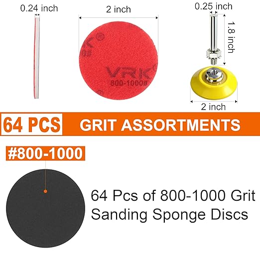 64 PCS 2 Inch Sanding Disc Pad,Hook and Loop Sanding Pads 800-1000 Grit Wet Dry Sponge Sandpaper with 1/4??Shank for Drill Sanding Grinder Rotary Tools Curved Surface Polishing and Sanding