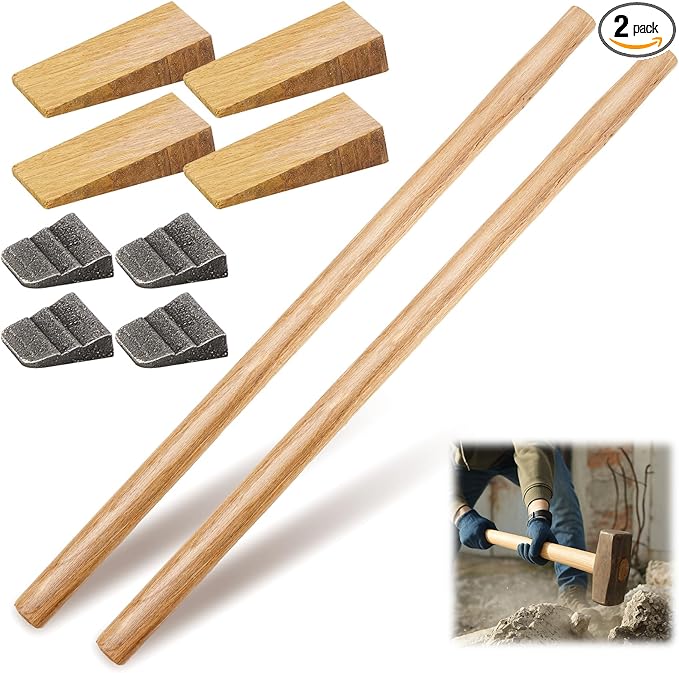 Bucherry 2 Sets 24" Replacement Hammer Handle Kit Includes 2 Sledge Hammer Handle Replacement, 4 Wood Wedges and 4 Steel Wedges for Decking Framing Carpentry Construction DIY Sledge Axe Tool