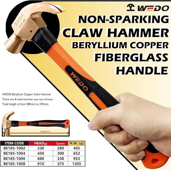 WEDO Non-Sparking Claw Hammer 8oz(1/2lb), Spark-free Safety Claw Hammer, Beryllium Copper, Non-Magnetic, Die-Forge, Corrosion Resistant, DIN Standard, 280mm Length