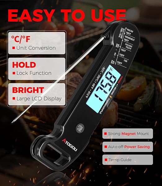 Atogou Professional Food & Meat Thermometer, 1 Sec Instant Read & 짹0.5??Accuracy, Thermocouple Sensor, IP67 Waterproof Digital Thermometer for Cooking, BBQ, Grill Gifts for Men Him Dad Birthday