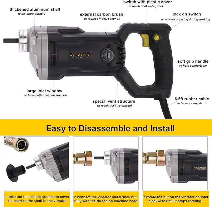 Handheld Concrete Vibrating Tool, 1500W Electric Concrete Vibrator with 6.6ft Shaft Rod, 14400VPM Portable Pencil Cement Vibrarator Remove Air Bubble and Mix Concrete, ROLAYSEE TOOLS