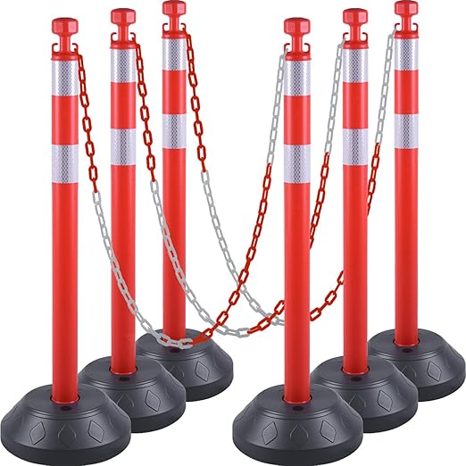6 Pack 40" inch Work Zone Chain Post Set, Traffic Delineator Post Cones with Reflective Tapes, 6 x 6.6' Feet Plastic Chains, Portable Crowd Control Stanchion Set (Red-Water Filled Base)