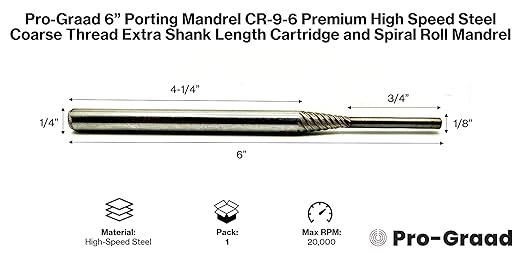 Porting Mandrel 6", CR-9-6 Premium High Speed Steel Coarse Thread Extra Shank Length Cartridge & Spiral Roll Mandrel, 1/8" Pilot Diameter x 3/4" Pilot Length x 1/4" Shank x 6" Overall Length