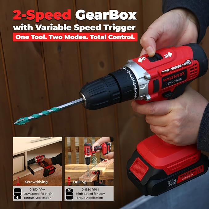 21V MAX Cordless Drill/Driver Kit, 2 Batteries and Charger, 26 Accessories, 3/8-Inch Keyless Chuck, 2 Variable Speed, 24+1 Position, LED Light, Toolbox