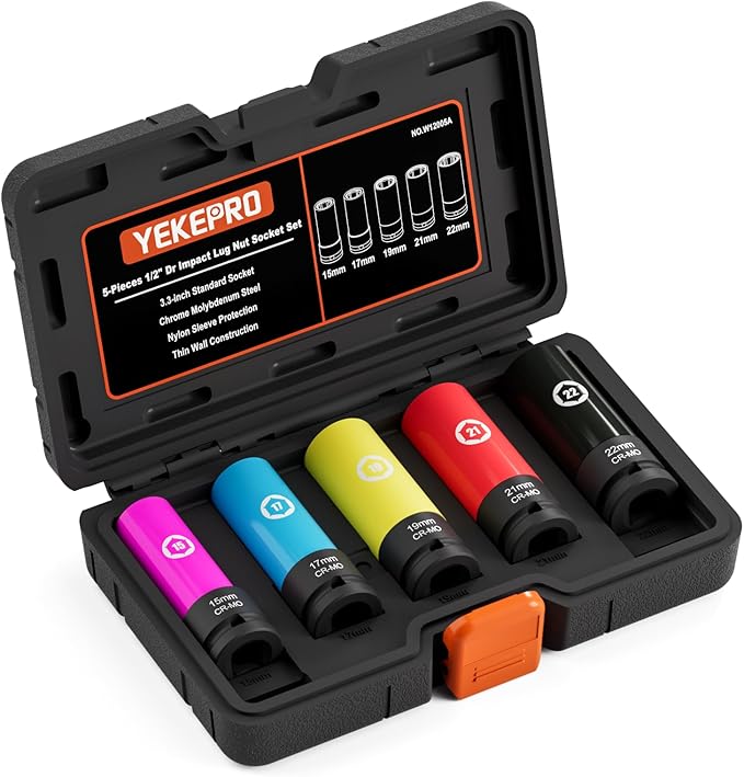 5 Pieces 1/2 inch Drive Impact Lug Nut Socket, Metric 15 17 19 21 22 MM Thin Wall Deep Socket Set with Non-Marring Wheel Protectors