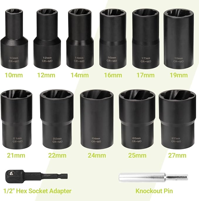 Lug Nut Extractor Twist Socket Set, 13 Pieces Wheel Lock Removal Kit, for Removing Damaged, Frozen, Rusted, Nuts & Screws, Cr-Mo Steel