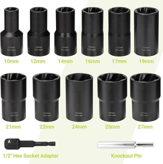 Lug Nut Extractor Twist Socket Set, 13 Pieces Wheel Lock Removal Kit, for Removing Damaged, Frozen, Rusted, Nuts & Screws, Cr-Mo Steel