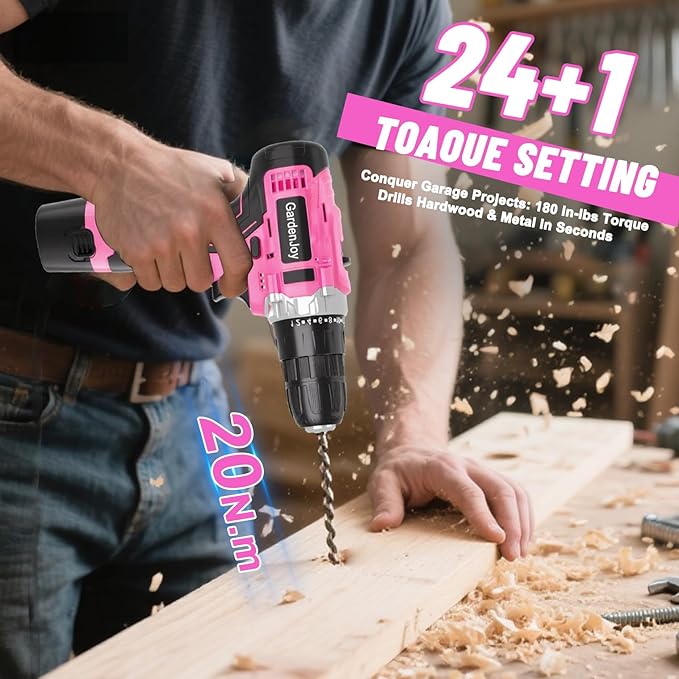 12V Pink Drill Driver Set, Women's Lightweight, 2 Batteries + Fast Charger, 2-Speed, 3/8" Keyless Chuck, 25 Torque Settings, LED for Metal/Wood DIY
