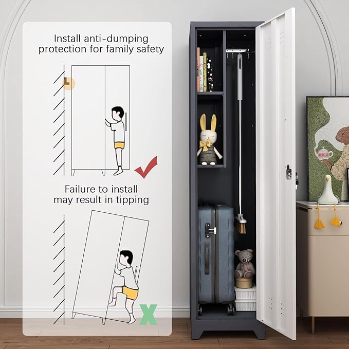 GREATMEET Broom Closet Storage Cabinet, 65'' Slim Metal Single Door Lockable Cleaning Storage Cabinet for Brooms, Mops & Cleaning Supplies, Utility Storage Cabinet for Garage, Laundry Room, White&Grey