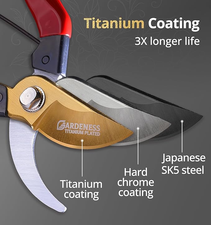 Gardeness Japanese Titanium Pruning Shears, Lightweight SK5 Bypass Garden Secateurs ??Easy-Grip Hand Pruners for Women, Roses, Bonsai, Trimming & Everyday Gardening