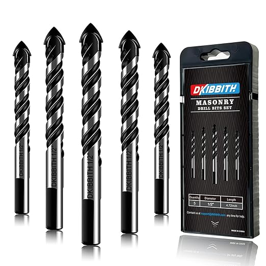 5-Piece 1/2??Masonry Drill Bits for Tile Glass Ceramic Wall Brick Stone Soft-Metal Wood, 1/2 Inch Concrete Drill Bits Cement Drill Bit Set, 3-Flat Shank, YG8 Carbide Tungsten Steel Alloy Tip 12mm