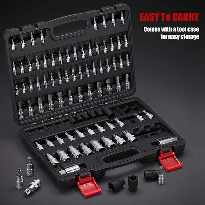 92-Piece Allen and Torx Bit Socket Set, 1/4" 3/8" and 1/2" Drive Tamper Proof Torx/Hex SAE & Metric Bit Set