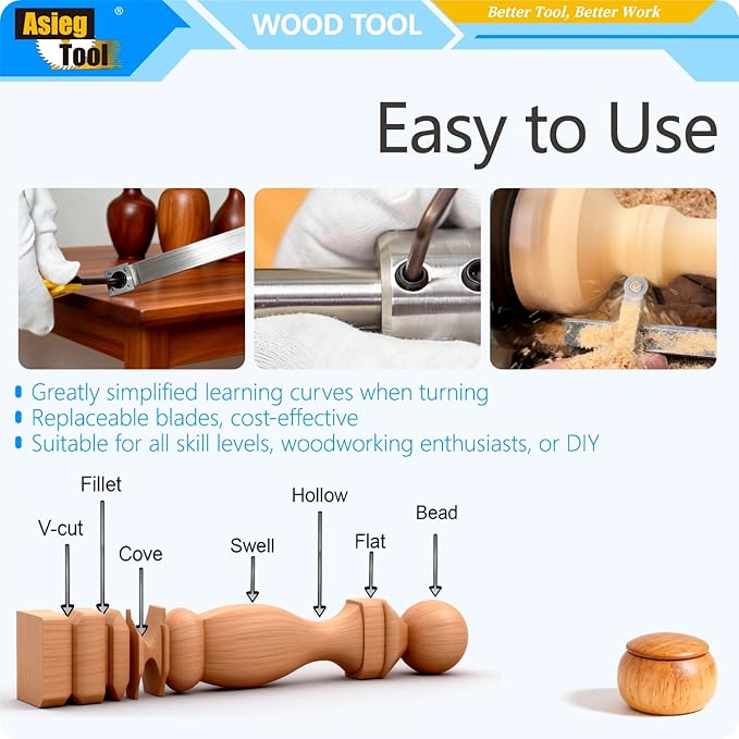 Carbide Tipped Woodturning Tools 7pcs Chise set Lathe Full Size Rougher Finisher Detailer Swan Neck Hollower Tools Set of 4 and 2 Interchangeable Wooden handle and 1 Dust shield