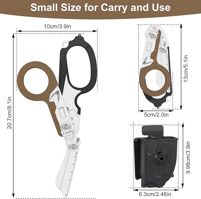 6-in-1 Heavy Duty Emergency/Trauma Shears, with Carbide Glass Breaker, Ring Cutter, Foldable, Stainless Steel Multi-Purpose Scissors for Hospital, Home, Camping, and Travel Rescue Tools (Black+Tan)