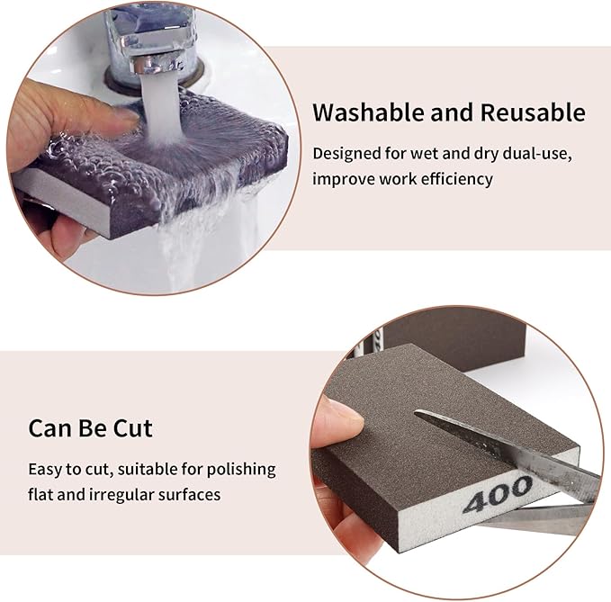 8 Pack Sanding Sponge, Sanding Blocks 400 Grit, Sand Paper for Wood Furniture, Sander Pads, Washable and Reusable Sandpaper for Drywall Metal Glasses Repair (400 Grit)