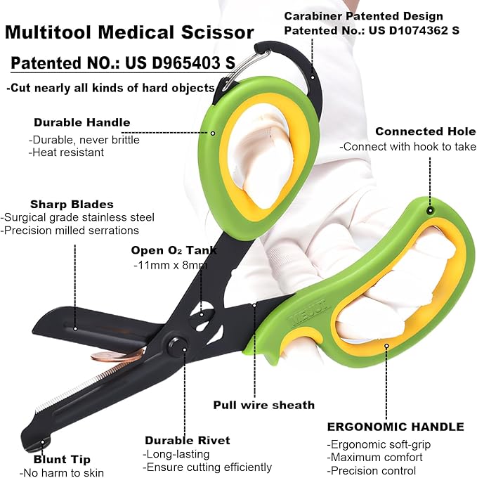 MEUUT 2 Pack Medical Scissors Trauma Shears with Carabiner design, 7.5" Fluoride Coated Non-stick Blades Bandage Scissor for Nurses, EMT, Household, outdoors