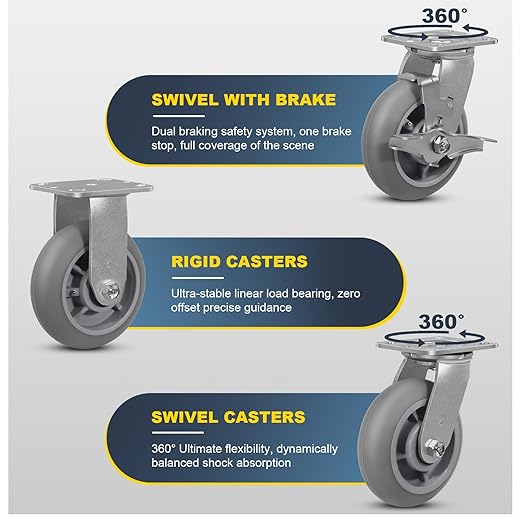 6" x 2" Heavy Duty Casters - 2000 LB Capacity- Thermoplastic Rubber Wheels(Crown Tread)- Caster Wheels for Furniture Platform Trucks Workbench (2 Brake & 2 Rigid)