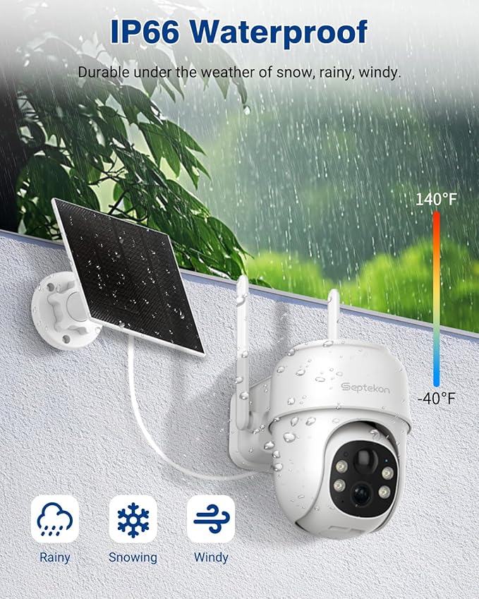 Septekon 360째PTZ Security Cameras Wireless Outdoor 2 Pack, 2K Solar Battery Powered Cameras, 2.4G WiFi Camera with Spotlight, Motion Detection, Siren, Color Night Vision, IP66, White