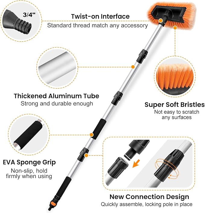 72" Car Wash Brush with Long Handle, Flow-Thru Soft Bristle Car Washing Brush with Extendable Handle and Hose Attachment and On/Off Switch for Car, RV, SUV, Truck, Boat, House Siding