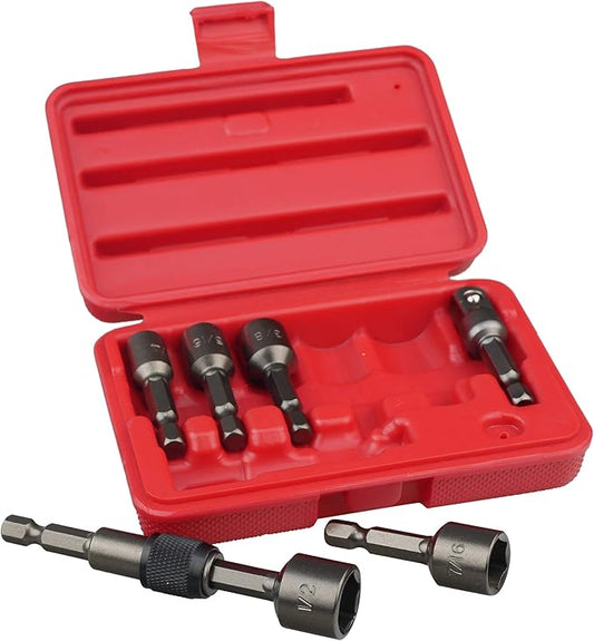 K453 Magnetic Power Nut Driver Bit Set with Socket Adapter and Extension, Quick-Change 1/4-Inch Hex Shank, SAE, 7-Piece