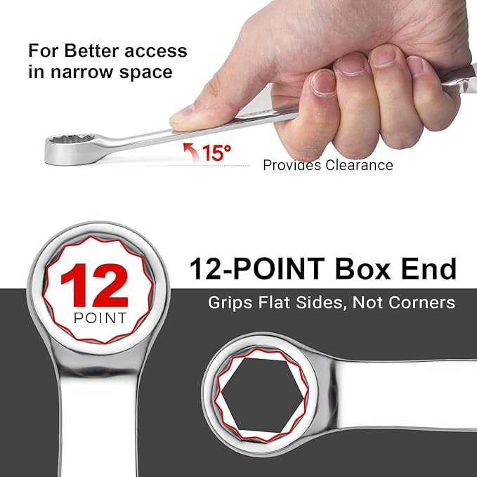 MAXPOWER 1 Inch Combination Wrench, Industrial Grade Spanners with 12 Point Box End, Durable Chrome Vanadium Steel with Off Corners Design, 15 Degree Offset - SAE