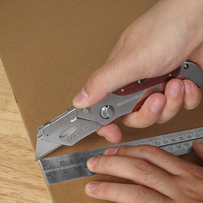 WORKPRO Quick-Change Utility Knife, Classical Retro Style Wood Grain Handle, Back Lock Folding Knife with Clip