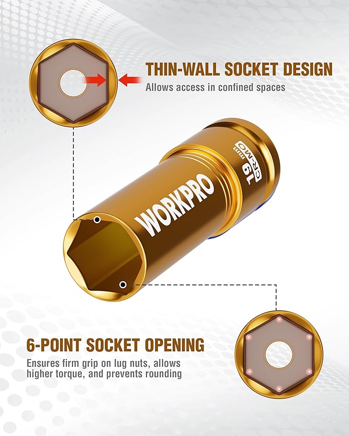 WORKPRO 1/2" Drive Lug Nut Impact Duty Socket, 19mm Deep Thin Wall Socket, Made of Premium Cr-Mo Steel, Non-Marring Lug Nut Wheel Sockets for Car