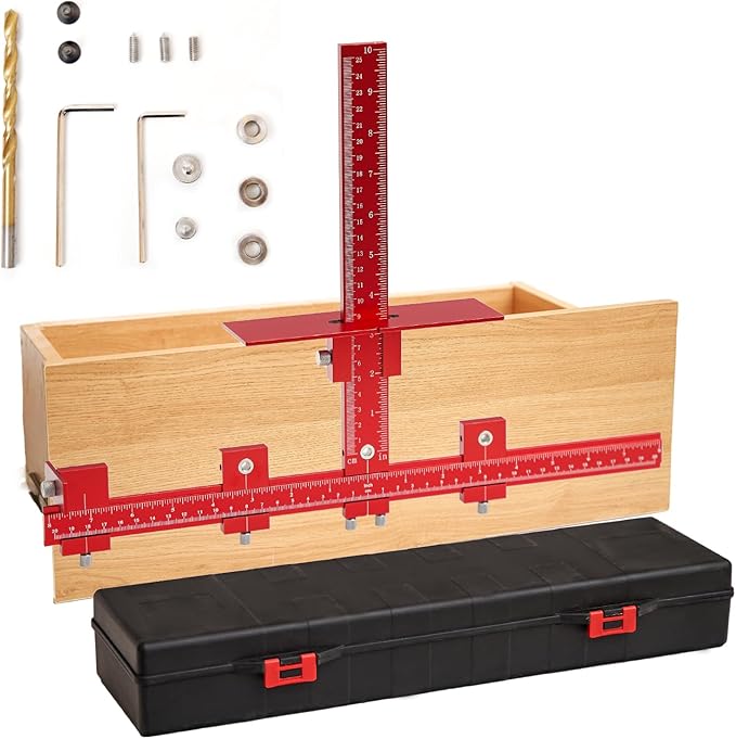 Cabinet Hardware Jig Punch Locator with Extended Ruler, Aluminum Alloy Cabinet Template Tool with Upgrade Box for Installation Handles Knob on Drawer Door Pulls (Red)
