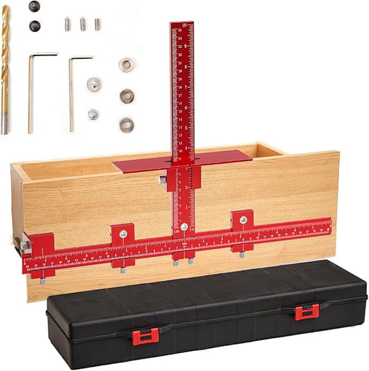 Cabinet Hardware Jig Punch Locator with Extended Ruler, Aluminum Alloy Cabinet Template Tool with Upgrade Box for Installation Handles Knob on Drawer Door Pulls (Red)