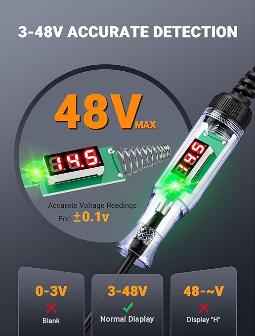 Heavy Duty Automotive Test Light Circuit Tester, 3-48V Digital Voltage Tester with Voltmeter & Dual Polarity Indicator, Electrical Test Pen with Stainless Probe for Car, Truck, RV, Boat Fuse Testing