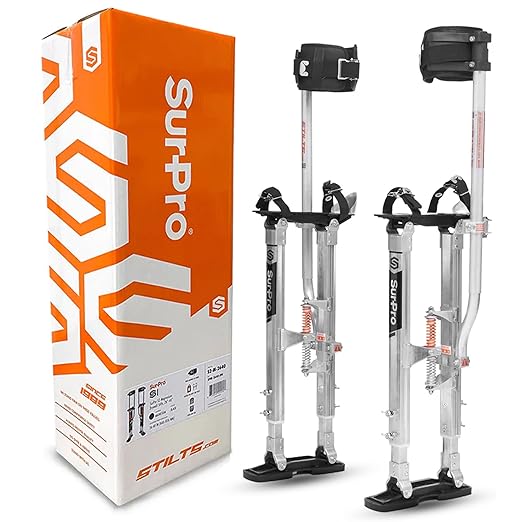SurPro Single-Sided Aluminum Drywall Stilts, 16??- 24??Height, Interlock Enhanced Contractor-Grade Stilts (S1-A-1624) for Drywallers, Painters, Ceiling Work, Stilts Drywall