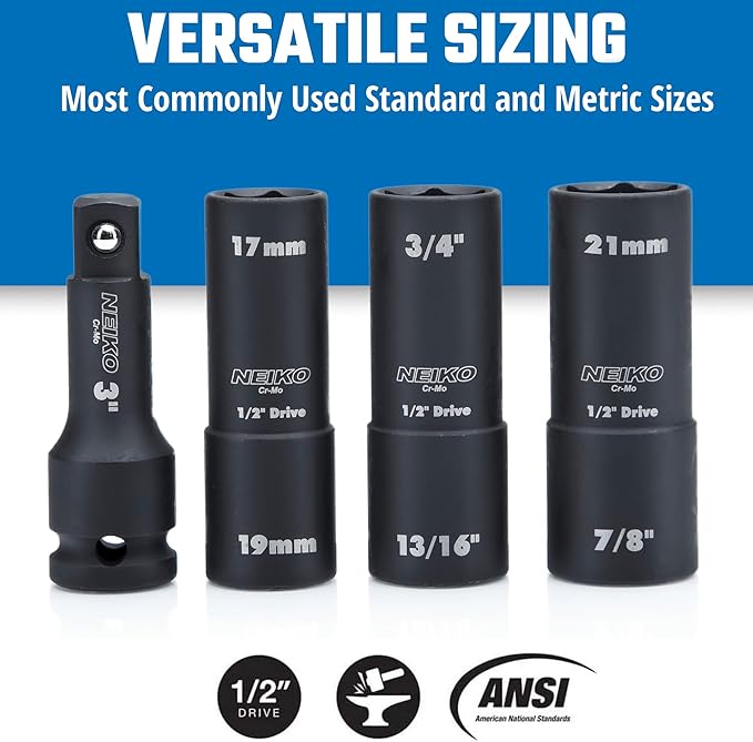 NEIKO 02281B 1/2" Drive Impact Flip Socket Set, Thin Wall Socket, 4 Piece Lug Nut Impact Socket Set, SAE and MM, 3??Extension Bar, Cr-Mo Steel, Impact Lug Nut Socket Set