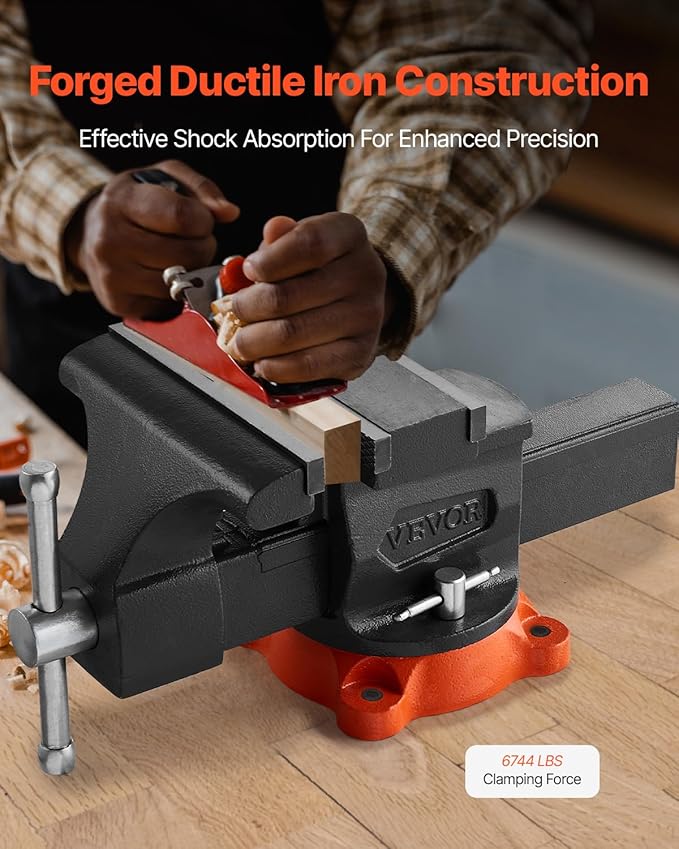 VEVOR Bench Vise, 8" Jaw Width, 8" Max Jaw Opening Multipurpose Vise with 360째 Swivel Locking Base, 3.7" Throat Depth, Heavy Duty Ductile Iron Workbench Vise, Two-Way Jaws for Clamping Round Pipes