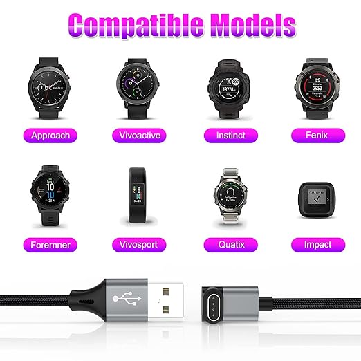 AGVEE 1.5ft Short Charger for Garmin Watch, L-Shape Charging Cable for Fenix, Forerunner, Vivoactive, Instinct, Venu, Tactix, Approach, D2, Quatix Series, Right Angle Braided, Dark Gray