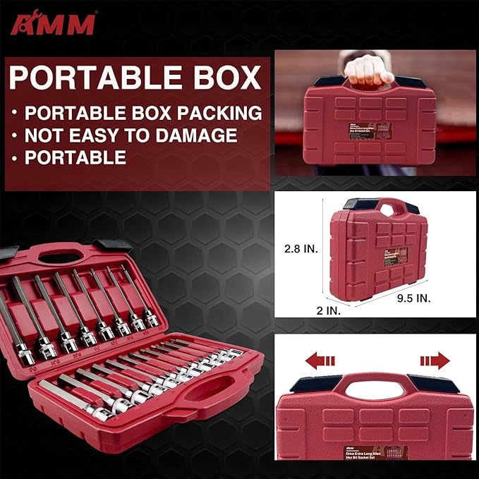 AMM 19-Piece 3/8 Inch Drive Extra Long Allen Hex Bit Socket Set, Standard SAE & Metric (1/8-Inch - 3/8-Inch, 3-12mm), S2 Alloy Steel, Necessary auto repair tools