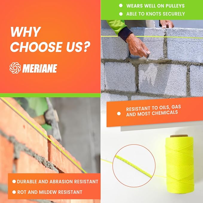 MERIANE Mason Line, 250 Ft #18 Braided Nylon String Twine, Premium String for Masonry Jobs, Construction, Gardening, Net Making and Mending, DIY Projects, Fluorescent Yellow