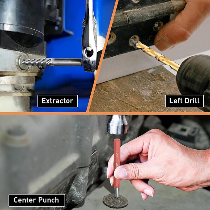 Screw Extractor and Left Hand Drill Bits Set, Bolt Remover, Reverse HSS Steel Drill Bit Easy Out Remove Stripped Screws and Broken Bolts