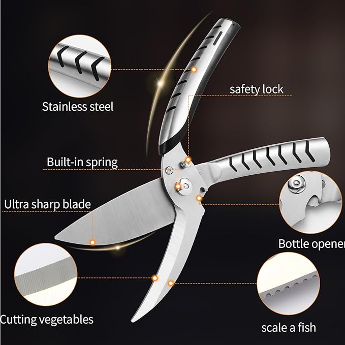 Heavy Duty Poultry Shears竊똊itchen scissors heavy duty with Serrated Edge,Chicken shears,Meat scissors heavy duty 竊똅or Cutting Bone, Turkey, Fish 竊똕eafood竊똃ishwasher Safe竊똲ilver
