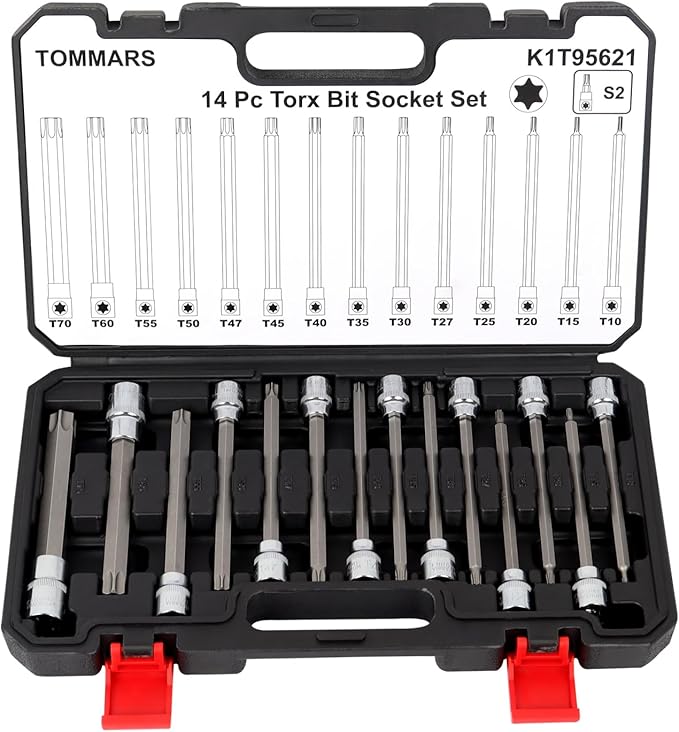 TOMMARS 14-PC Long Torx Bit Socket Set, S2 Alloy Steel Star Socket Set T10-T70
