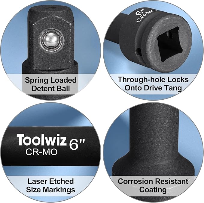 Toolwiz 3/4??Drive Impact Extension Bar 4?? 6?? 10??(3 Piece) Cr-Mo Steel, Expand the Range of Impact Drivers, Organized in PVC Box - Black 3/4 Ratchet Wrench Extension Bar Socket Set