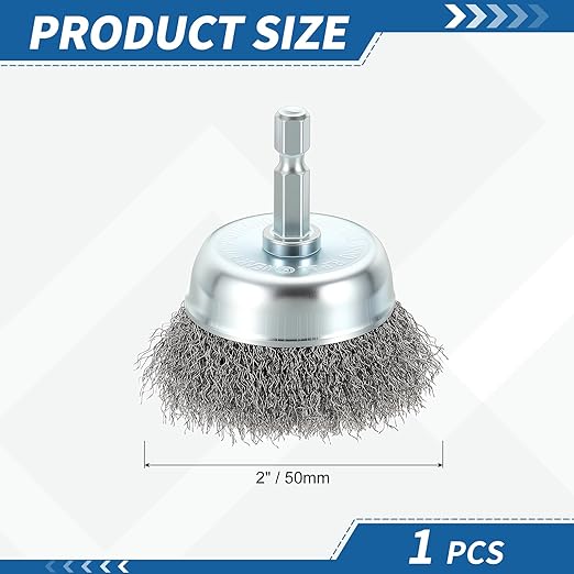 Wire Brush for Drill (2"/50mm) 1Pack, Crimping Steel Wire 0.008" (Carbon Steel) Wire Brush Drill Attachment with 1/4" Hex Shank - for Rust, Cleaning, Deburring on Cast Iron