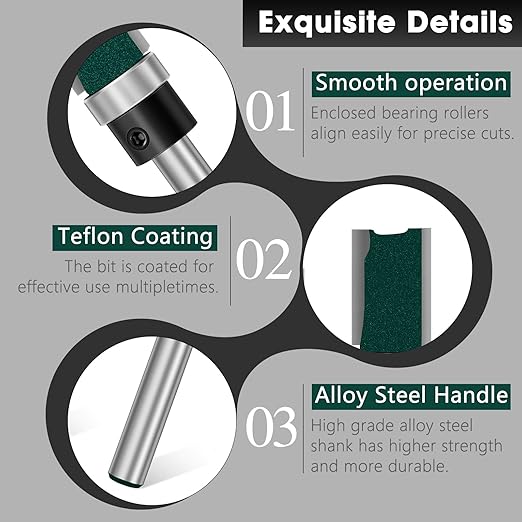 Feanron Flush Trim Router Bit Set 4 Pcs Straight Cut Router Bits 1/4 Inch Shank, Carbide Tipped Pattern Template Route Bit with Bottom Bearing, Woodworking Tools for Milling Trimming Home DIY (Green)