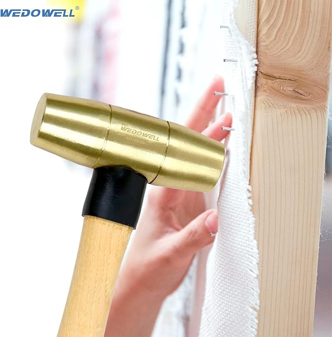 WEDOWELL 2lb Brass Hammer with Wooden Handle,Drum Type Mallet,Solid Brass Head,Length 320mm,Shock-resistant,Die-forged,DIN Standard,Ideal for Demolition,Construction,Blacksmithing