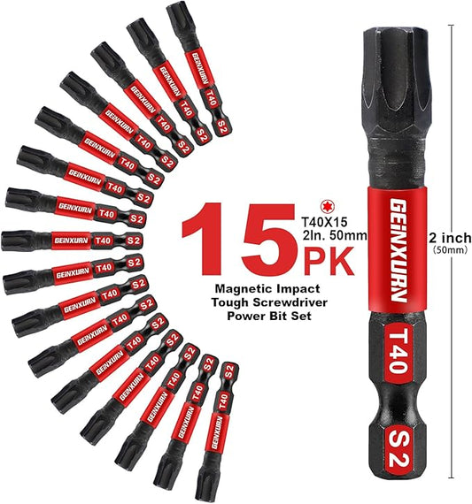 15 Pieces T40 Impact Tough Magnetic Screwdriver Bit Set, 2 In. #40 Torx Head Power Bit Set, S2 Alloy Steel T40 Star Bit Set