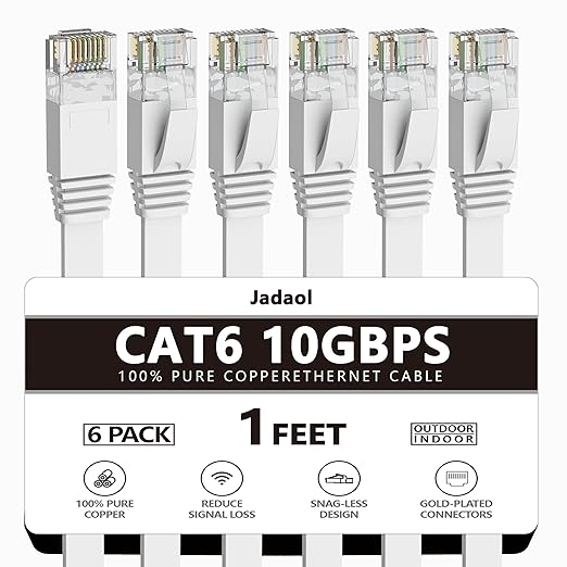 Jadaol Cat 6 Ethernet Cable 1 ft 6-Pack, 10Gbps Support Cat8 Cat7 Network, Flat High Speed LAN Internet Patch Cables, Short Ethernet Cables for Router, Modem, Switch, PC, Laptop, Gaming Console, White