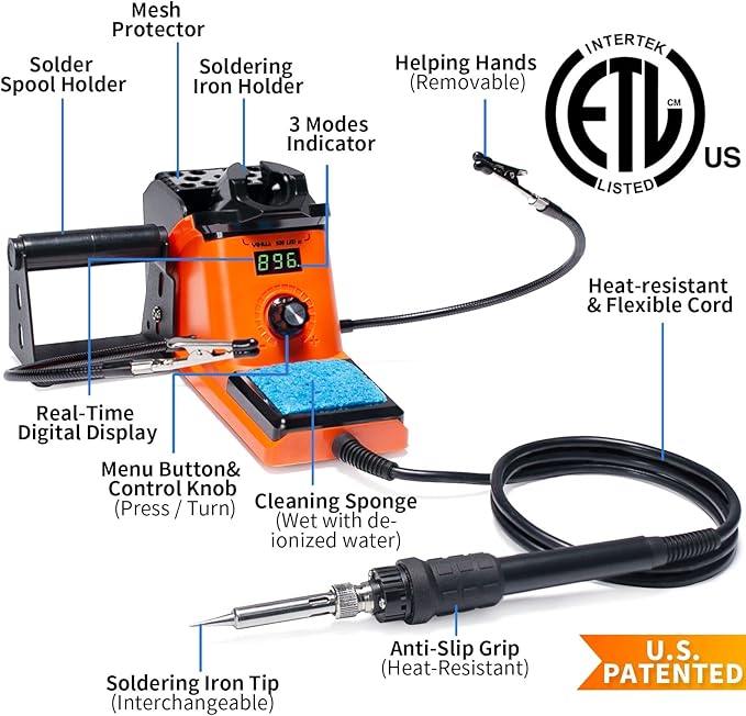 YIHUA 926 III 60W LED Display Soldering Iron Station Kit w 2 Helping Hands, 6 Extra Iron Tips, Roll of Lead-Free Solder, Solder Sucker, S/S Tweezers, 째C/쨘F Conversion, Auto Sleep & Calibration Support