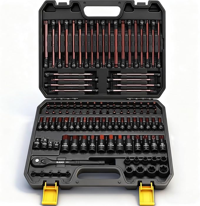 112-Piece Torx and Allen Bit Socket Set, 1/4", 3/8",1/2" Drive Bit Socket Set with Ratchet Wrench, Adapters, Extra Long & Tamper Proof torx/Hex/Ball End Hex/E-torx, SAE & Metric