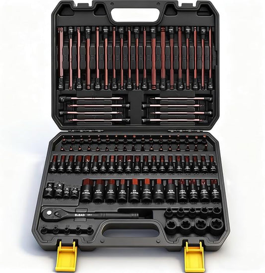 112-Piece Torx and Allen Bit Socket Set, 1/4", 3/8",1/2" Drive Bit Socket Set with Ratchet Wrench, Adapters, Extra Long & Tamper Proof torx/Hex/Ball End Hex/E-torx, SAE & Metric